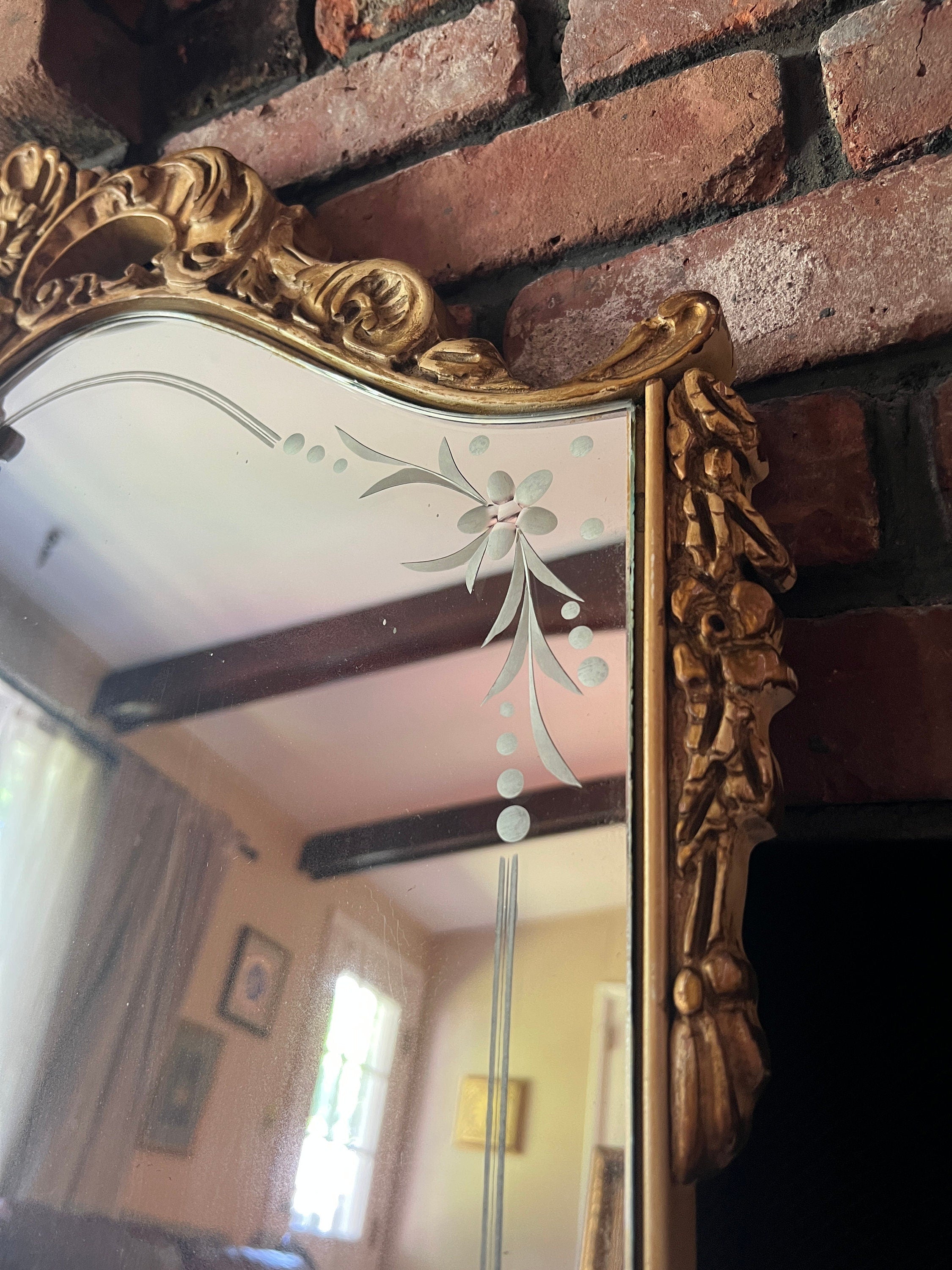 Antique Rococo Mirror Gold Gilt Shield Shape Ornate Carved Frame Beveled Glass Floral Detail Wall Decor French Vintage Statement Piece