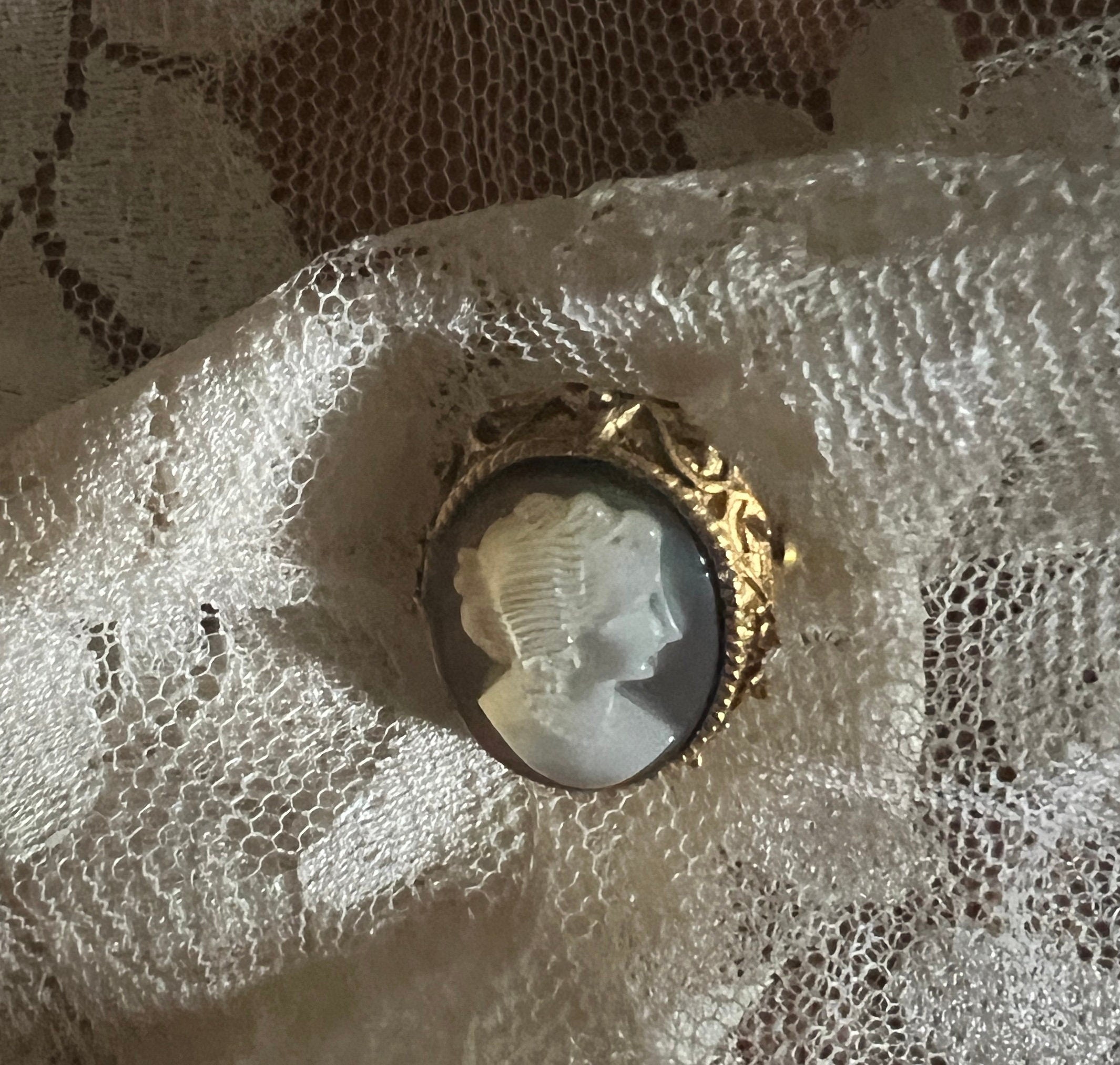 Vintage Cameo Brooch Antique Gold Tone Carved Shell Lady Portrait Pin Elegant Victorian Style Jewelry Gift Heirloom Collectible Accessory