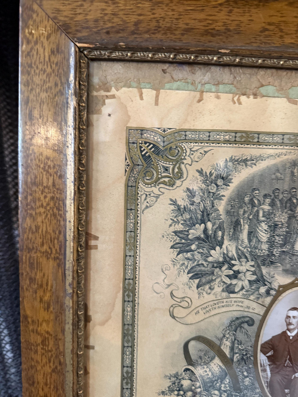 Antique 1896 Marriage Certificate Art Print Framed Religious Floral Engraving Wall Decor Wedding Ephemera Victorian Couple Photograph