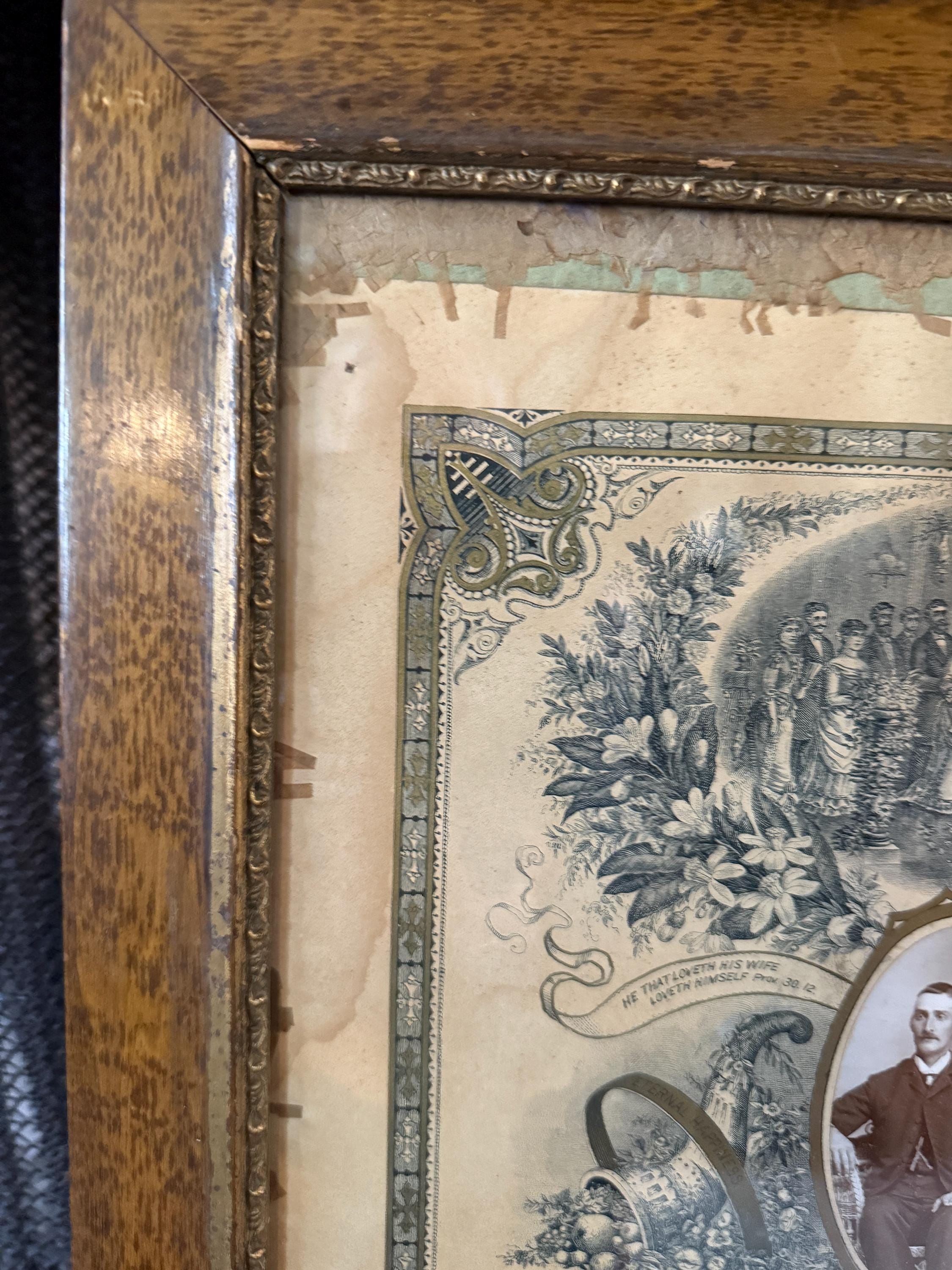 Antique 1896 Marriage Certificate Art Print Framed Religious Floral Engraving Wall Decor Wedding Ephemera Victorian Couple Photograph