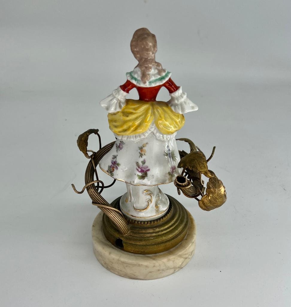 Vintage German Porcelain Lady Figurine Lamp Gilt Brass Floral Vines Rococo Style Marble Base Table Accent Lighting Collectible Decoration