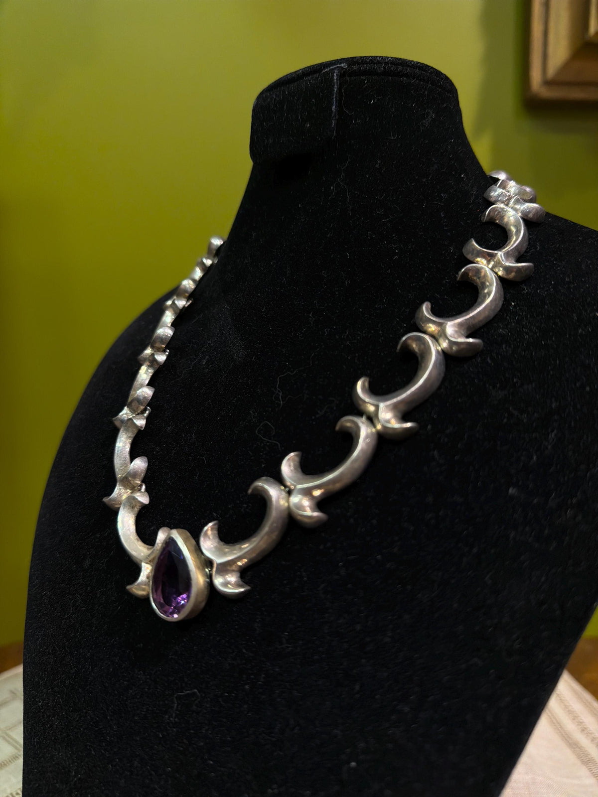 Vintage Taxco Sterling Silver Amethyst Necklace, Modernist Mexican Silver Statement Necklace, Sculptural 925 Link Necklace, Artisan Jewelry