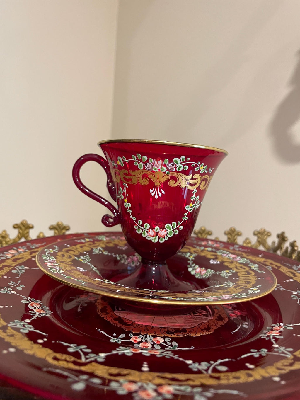 Bohemian Cranberry Glass Demitasse Cup Saucer Plate Set Gold Gilt Hand Painted Portrait Rococo Style Antique Display Tableware Décor