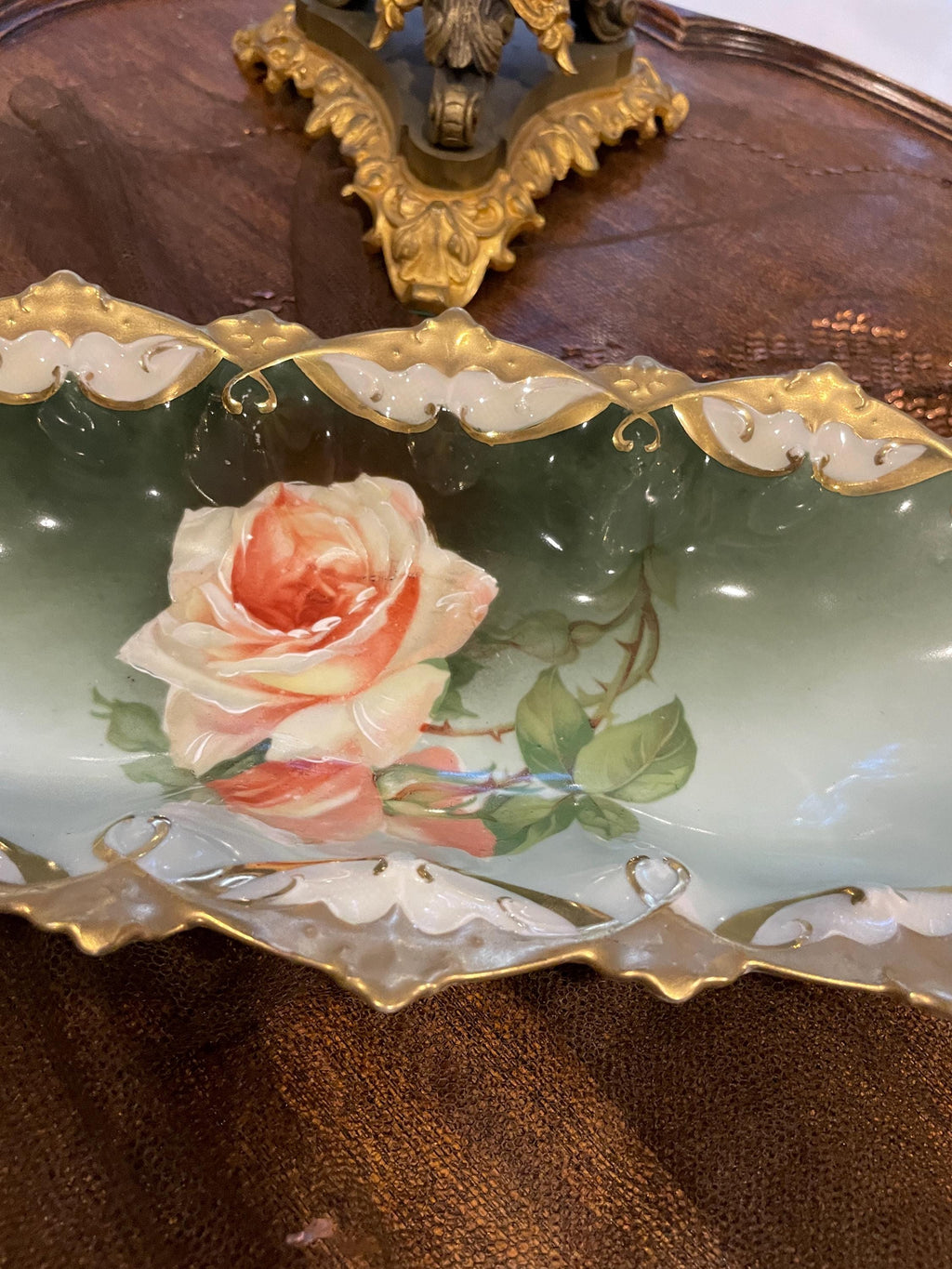 Antique Hand Painted Porcelain Bowl Pink Rose Design Ornate Gold Trim Art Nouveau Austrian Centerpiece Decorative Collectible Display Dish