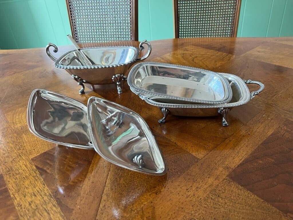Vintage Silver Plate Serving Dishes Set Elegant Footed Covered Bowls Classic Ornate Handles Tableware Centerpiece Buffet Décoration Dining