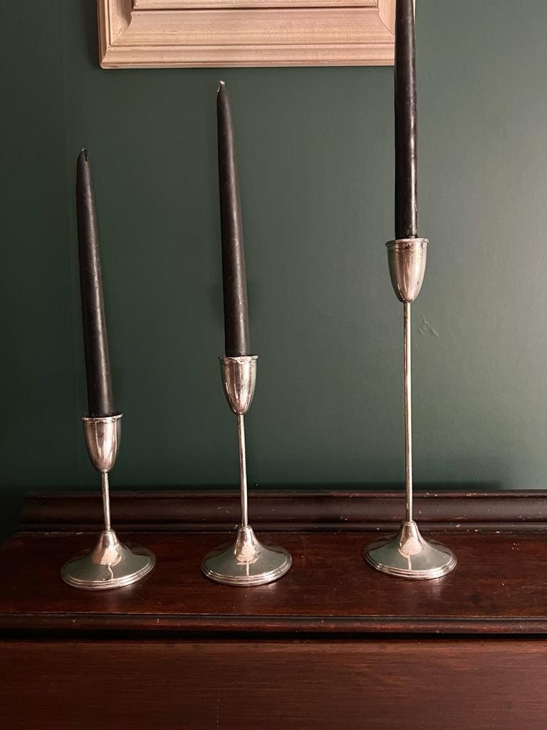 Mid Century Modern Silver Plated Taper Candle Holders Set of 3 Tall Elegant Sleek Vintage Candlesticks Table Decor Hollywood Regency Style