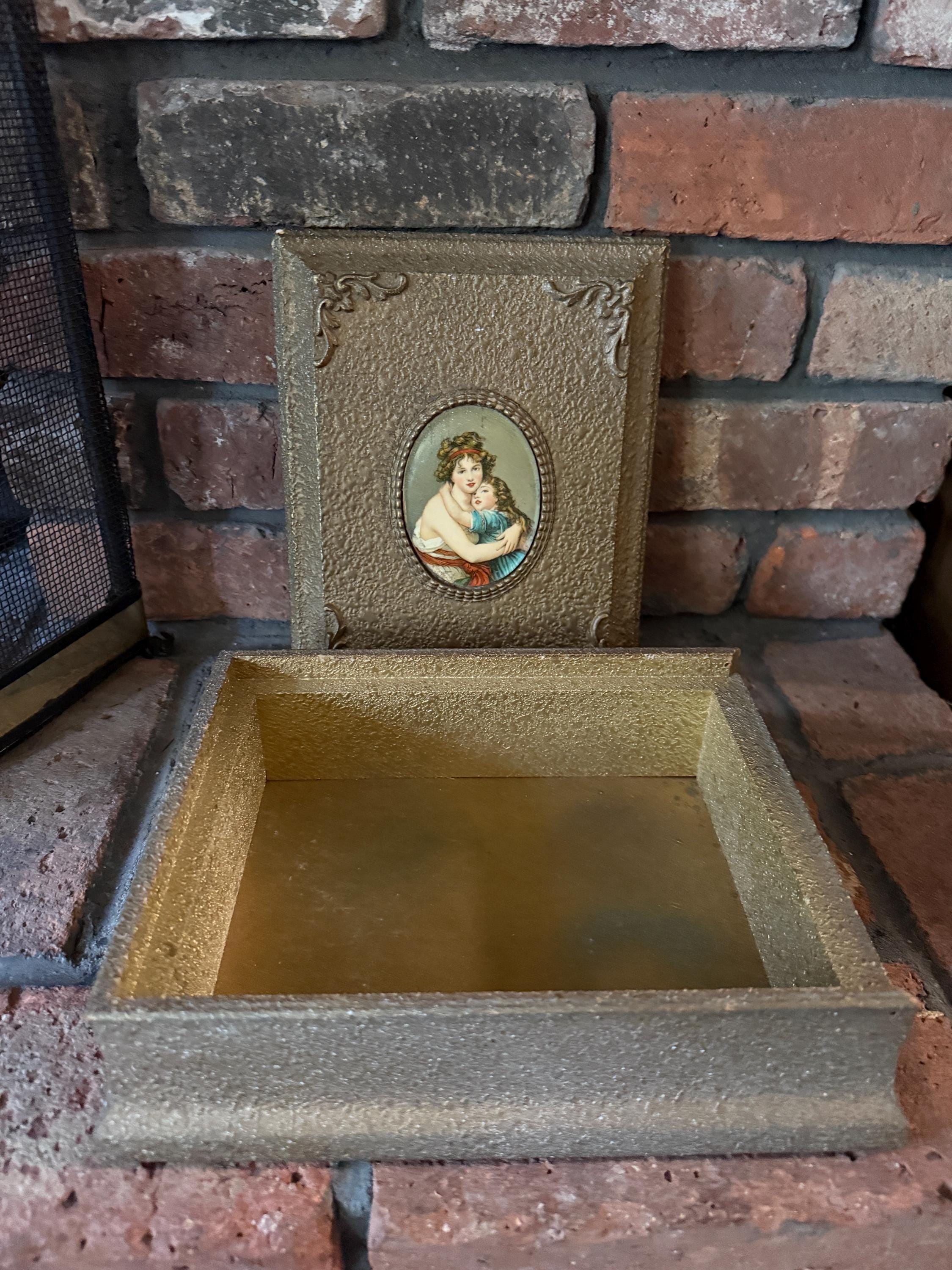 Vintage Gold Gilded Book-Shape Trinket Box  with mirror, Portrait Gold Gilded Trinket Box, Mother Child Portrait, Keepsake Jewelry Storage