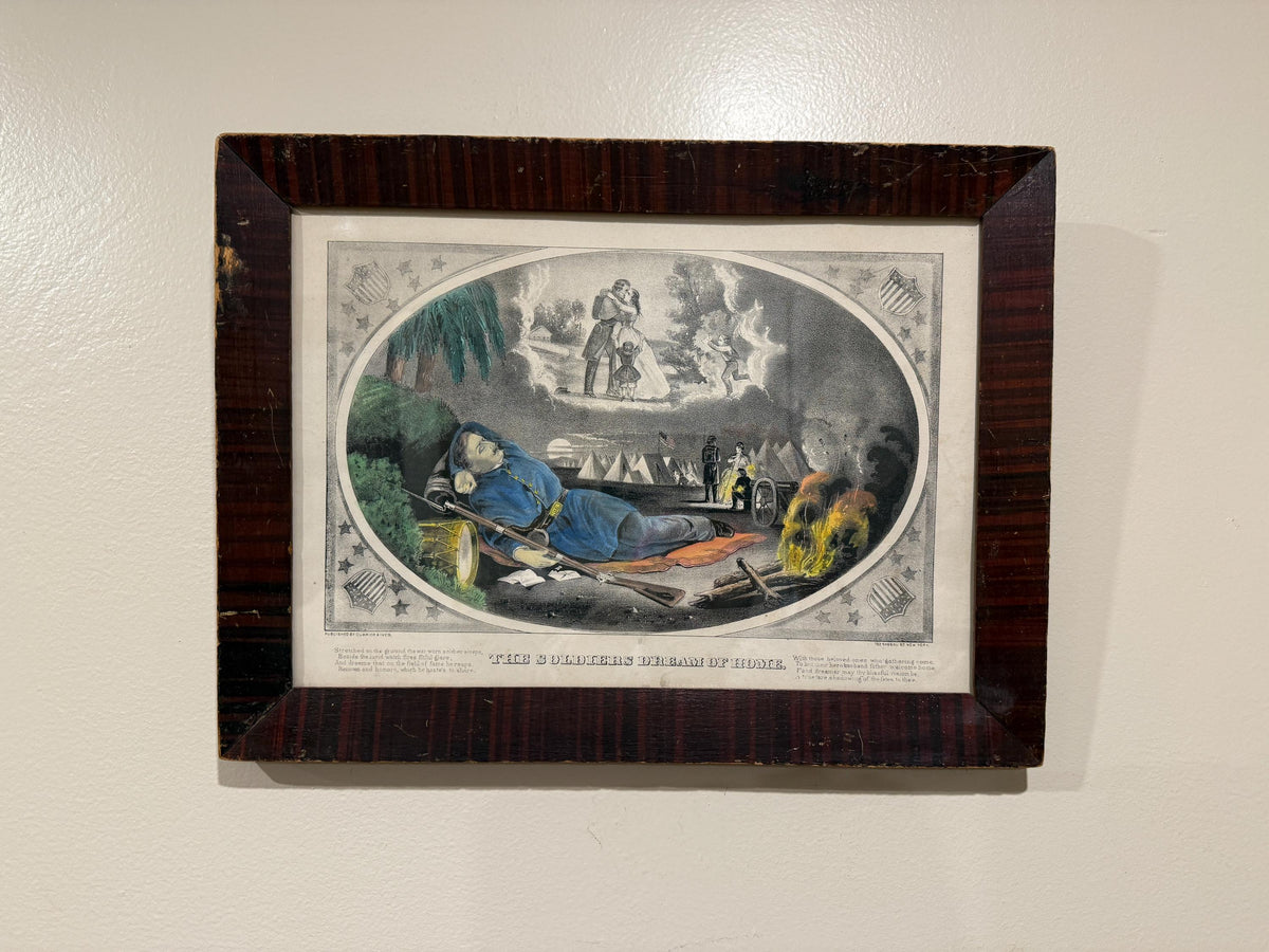 Antique Currier & Ives “The Soldier’s Dream of Home” 1860s Original Hand-Colored Lithograph Civil War Era Medium Folio, Antique Framed Print