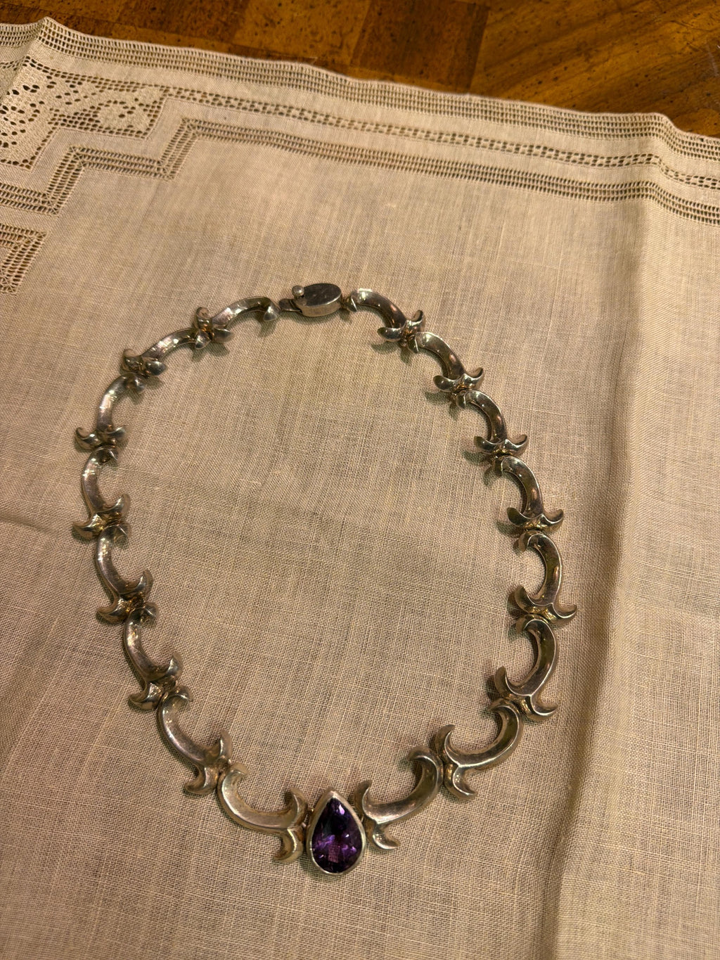Vintage Taxco Sterling Silver Amethyst Necklace, Modernist Mexican Silver Statement Necklace, Sculptural 925 Link Necklace, Artisan Jewelry