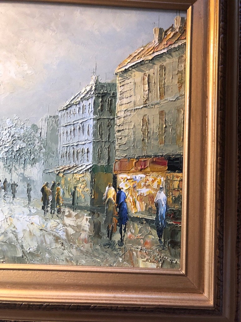 Pair Of Vintage Original Oil Painting Paris Scene Signed Gold Wood Framed Wall Art Collectible Painting. 21 1/2" 17 1/2"