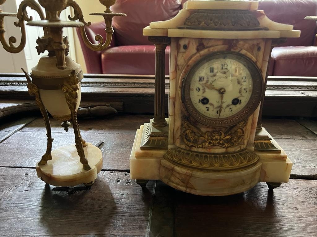 19th Century Alabaster Brass Mantel Clock Set Decorative Antique French Candelabra Pair Elegant Gilded Classical Style Home Display Decor