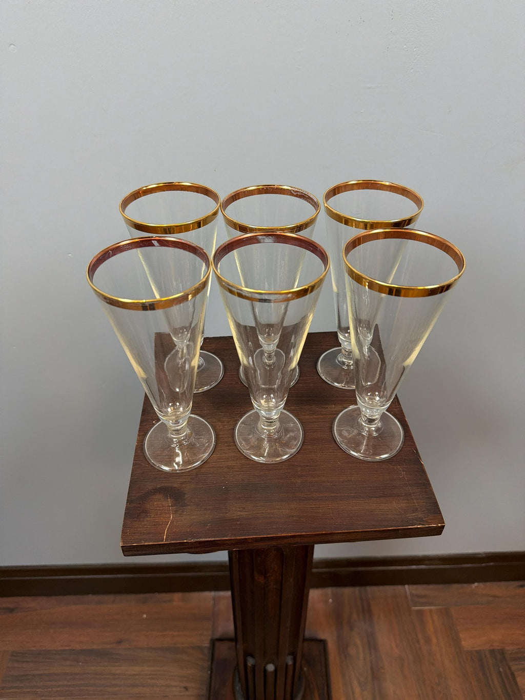 Vintage Gold Rim Champagne Flutes Set of 6 Clear Glass Tapered Mid Century Elegant Barware