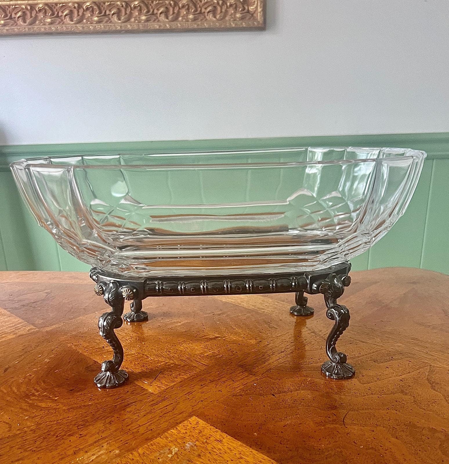 Vintage Art Deco Fluted Glass Dish Elegant Crystal Dish Heisey Bowl Silverplate Stand Centerpiece Jardiniere Fruit Bowl Vintage Glassware
