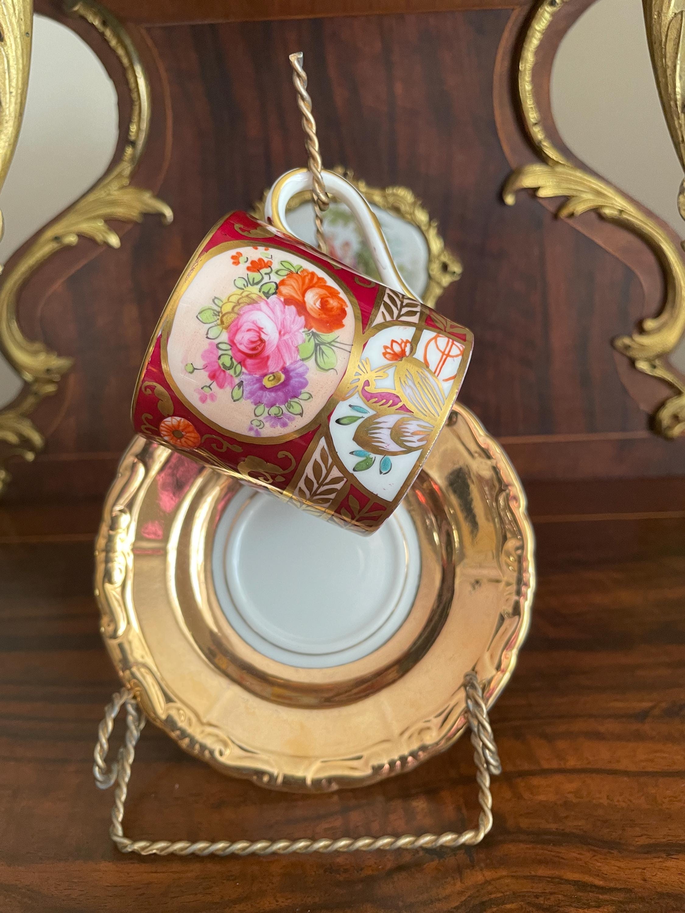 Vintage Floral Porcelain Teacup Set Gold Trim Red Hand Painted Saucer English Style Display Elegant Romantic Roses Regal Collectible Decor