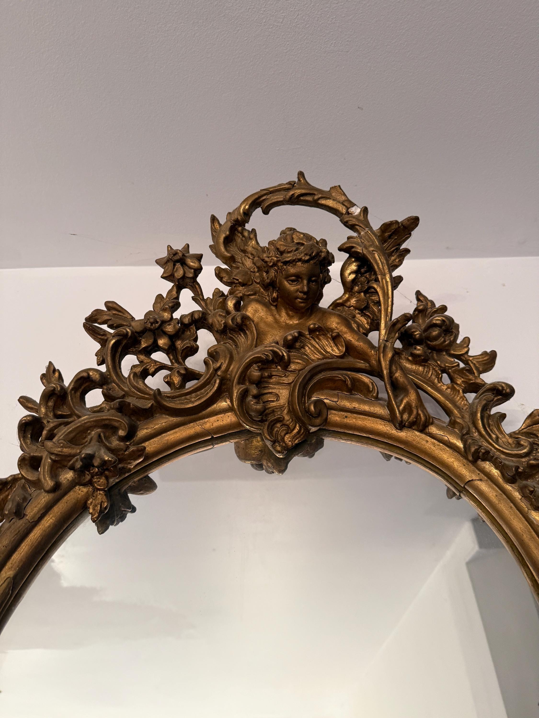 Antique French Rococo Mirror Ornate Gilded Wall Mirror Cherub Detail Rare 19th C. Baroque Style Victorian Mirror Luxurious Home Decoration