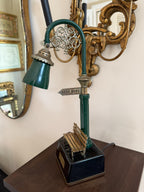 Vintage Park Lamp Post Desk Lamp with Miniature Bench and Sign | Retro Industrial Table Light | Collectible Novelty Lighting Green Gold