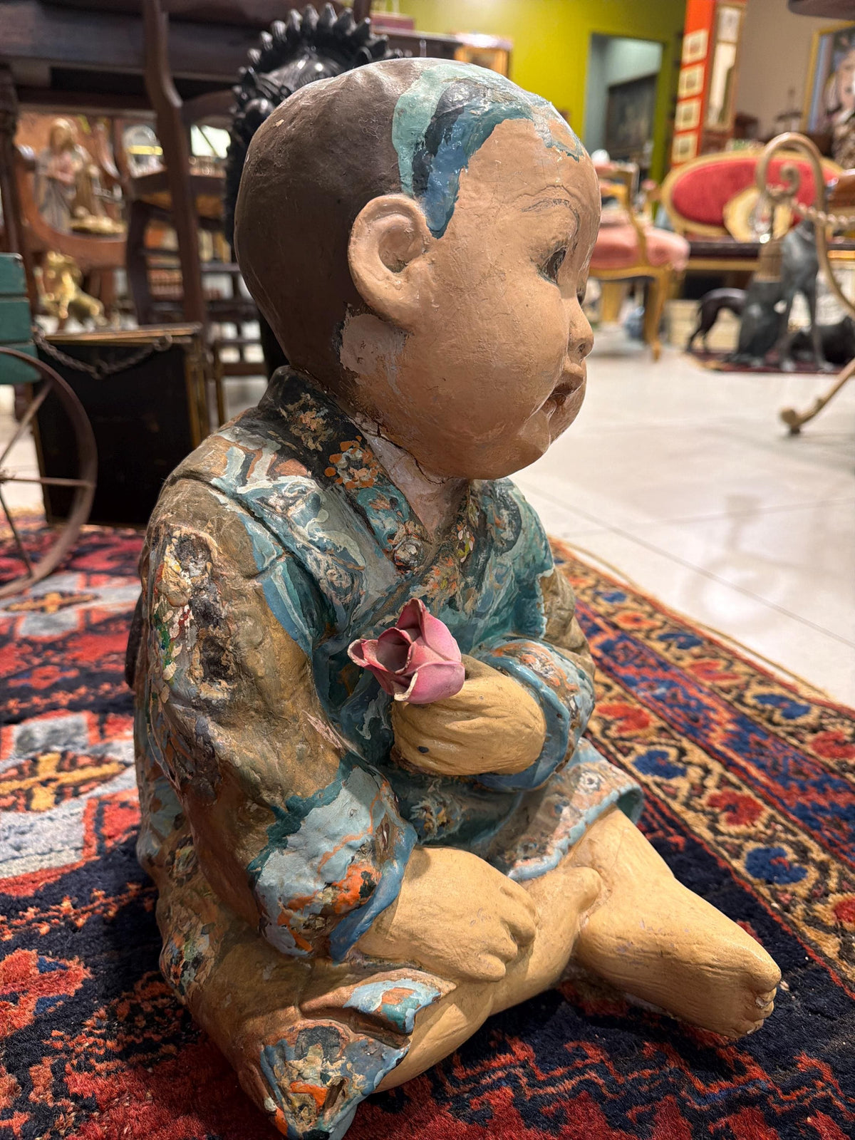 Antique Chinese Child Statue Holding Flower Asian Composition Figure Oriental Decorative Sculpture 16”