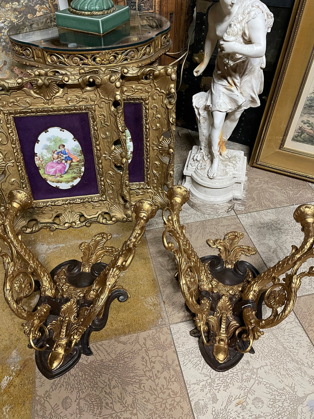 Pair of Vintage Heavy Gold Cast Iron Candlestick  Wall Sconces