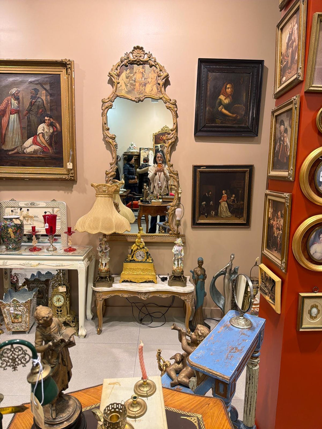 Large French Rococo Gilt Wall Mirror, Figural Print, Baroque Revival Style with Marble Stand