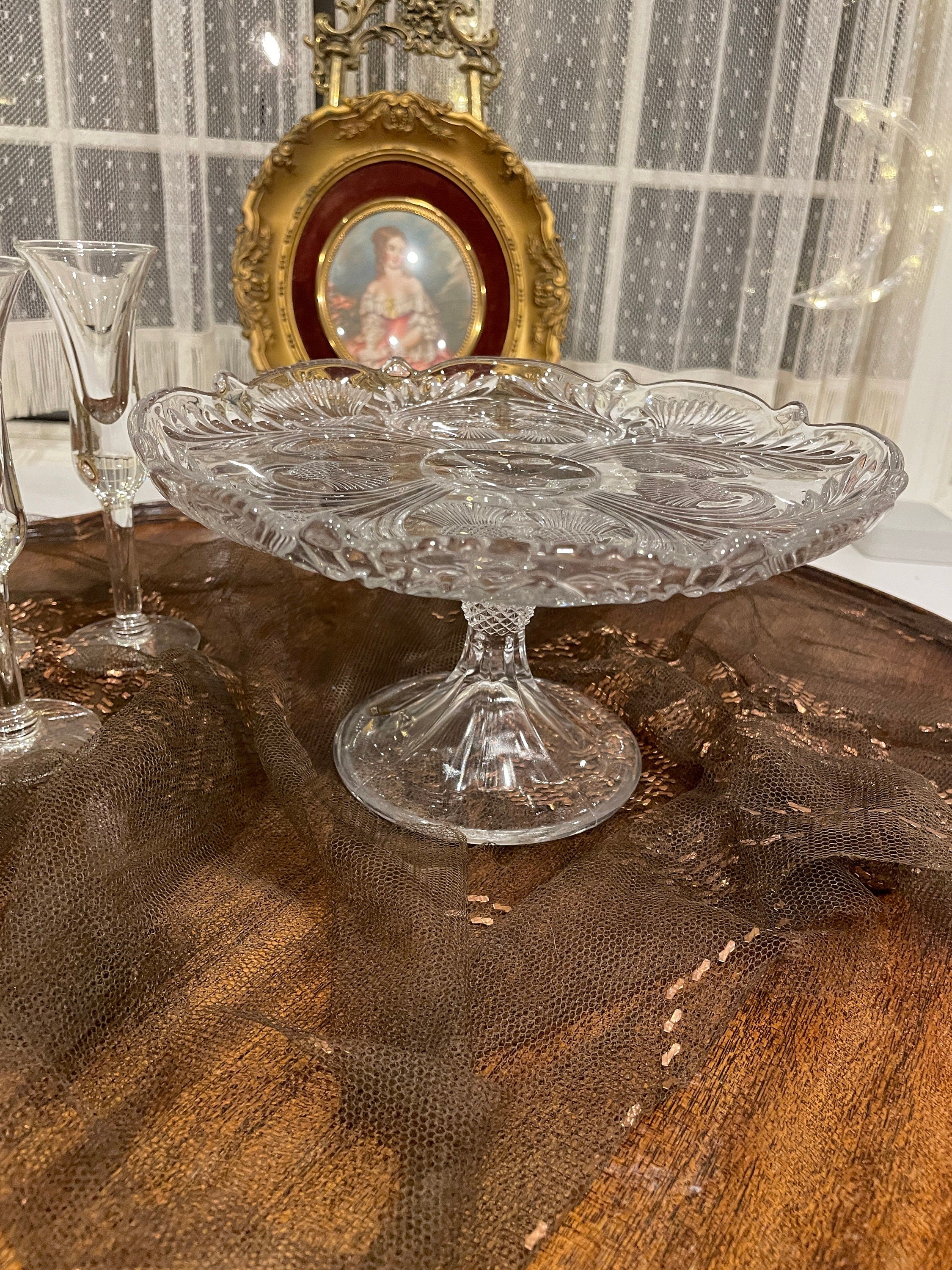Vintage MCM Set of 5 Unique Glass Cake Stand & Cordial Liqueur Shot Glasses Glassware Set