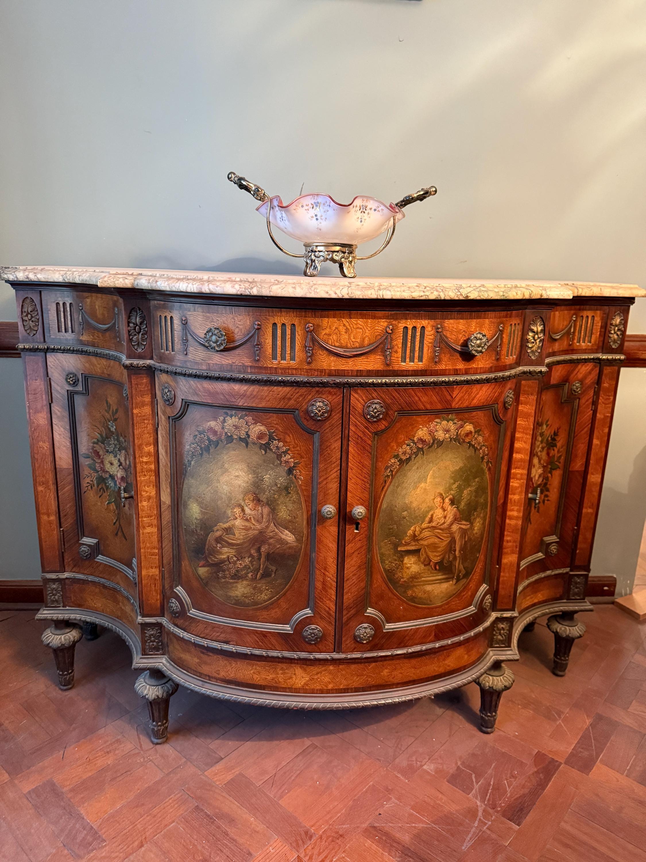 Antique French Marble Top Sideboard Hand Painted Panels Louis XV Style Painted Cabinet Elegant Drawers Luxurious Furniture Console Buffet