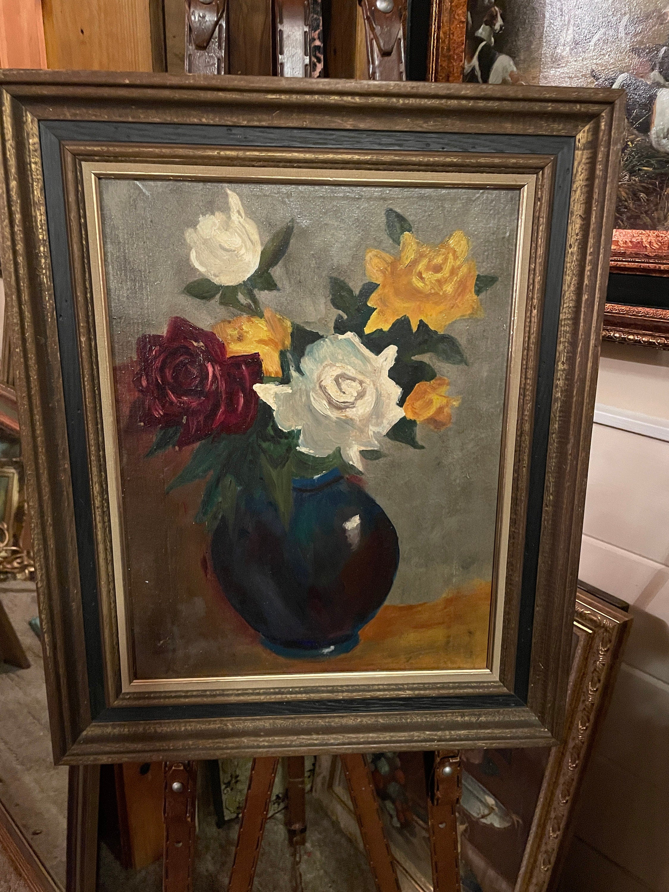 Vintage Floral Still Life Painting Textured Oil Artwork In Ornate Frame Featuring Red Yellow White Roses In Vase Bold Brushstrokes Charm