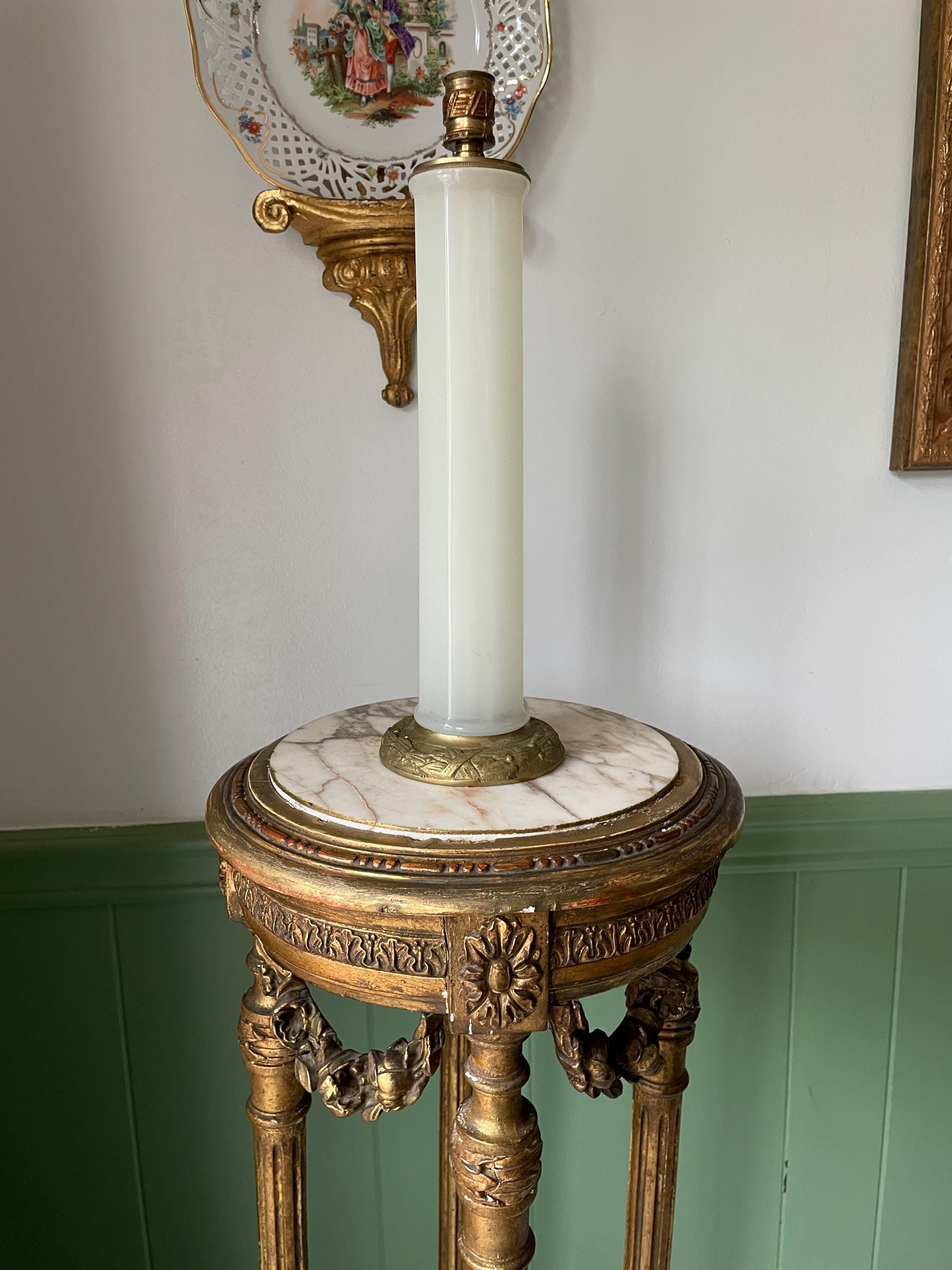 Art Deco French Opaline Glass Table Lamps Pair Mid Century White Column Lamps Bronze Base Elegant Vintage Lighting Home Decoration Accent