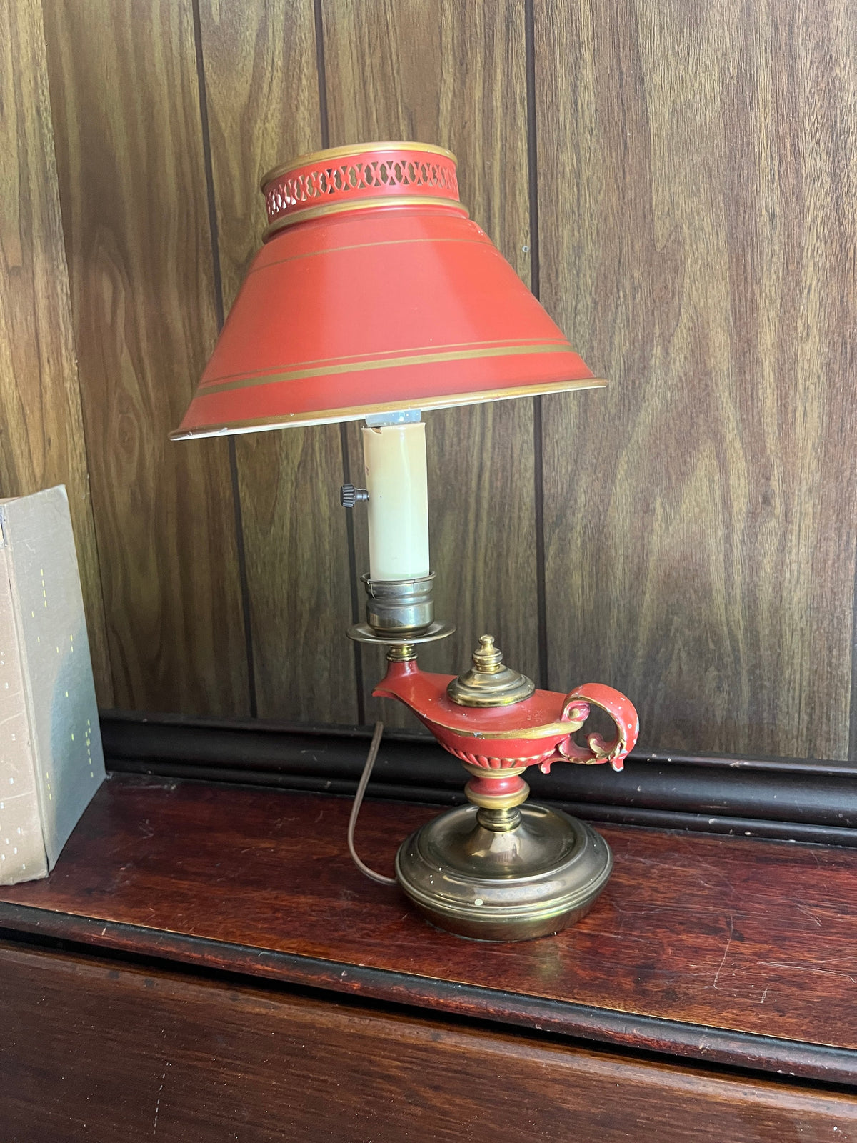 Vintage Aladdin Style Genie Lamp Table Light Unique Red Brass Metal Shade Accent Lighting Magic Oil Lamp Shape Mid Century Decor Gift Idea
