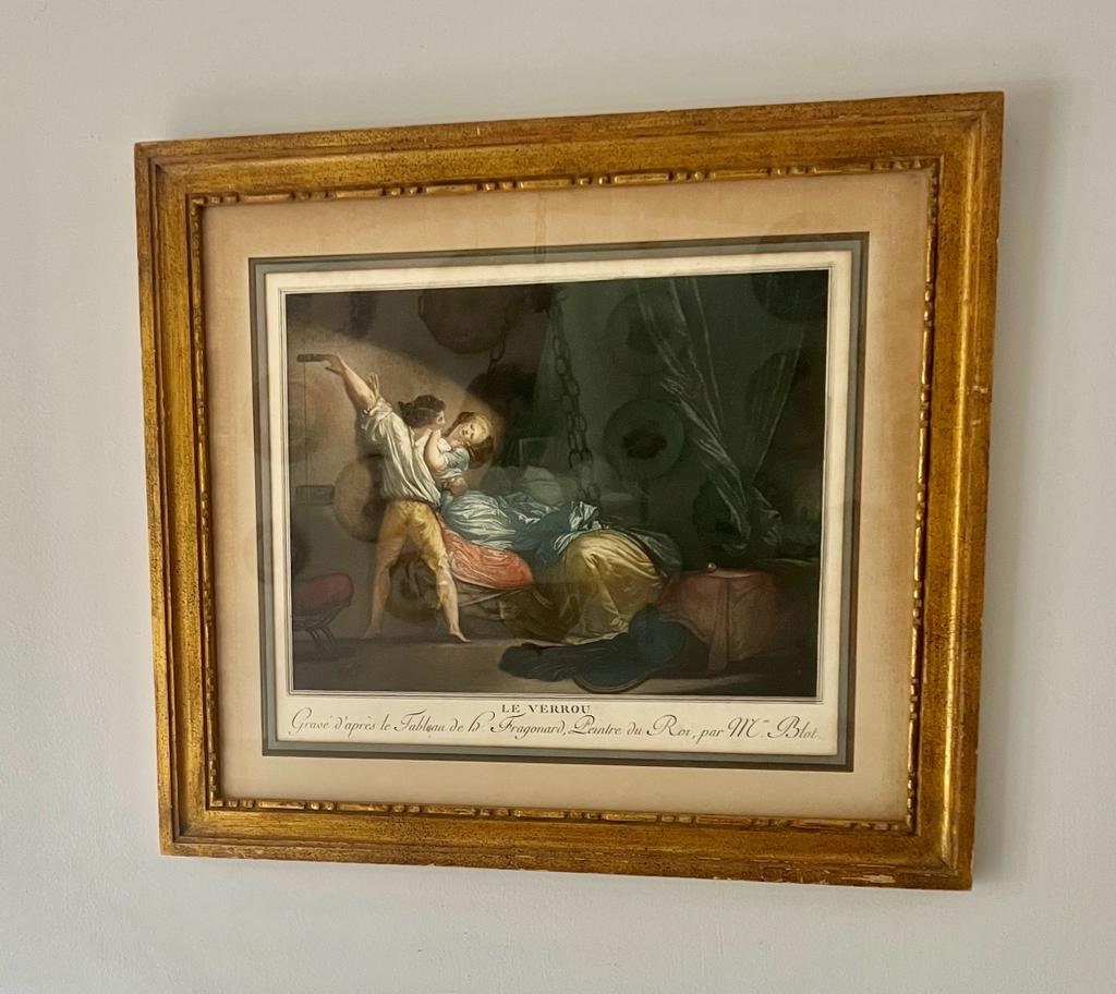 Antique French Le Verrou Fragonard Color Engraving Gilt Wood Framed Romantic Rococo Art Print Wall Decoration Elegant Parisian Style Piece
