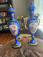 Antique French Cobalt Blue Porcelain Vases Pair Floral Urns Gilt Bronze Handles Victorian Home Decor Elegant Collectible Display Piece