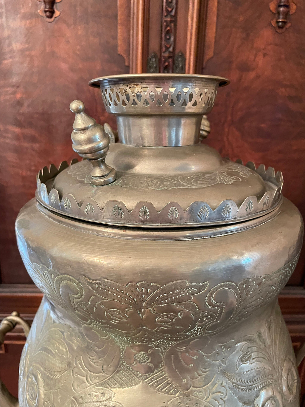 Antique Middle Eastern Samovar Large Engraved Brass Tea Urn Footed Base Unique Floral Pattern Arabic Script Collectible Decoration Piece