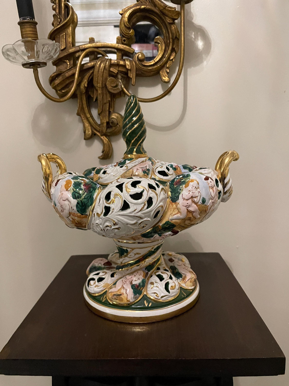 Vintage Italian Handcrafted Ceramic Sugar Bowl Ornate Baroque Design Cherub Motifs Gold Accents Floral Details Collectible Home Decor