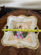 Antique Hand Painted Porcelain Tray Rococo Gold Gilt French Style Victorian Wall Hanging Figurative Decorative Plate Collectible Art Piece