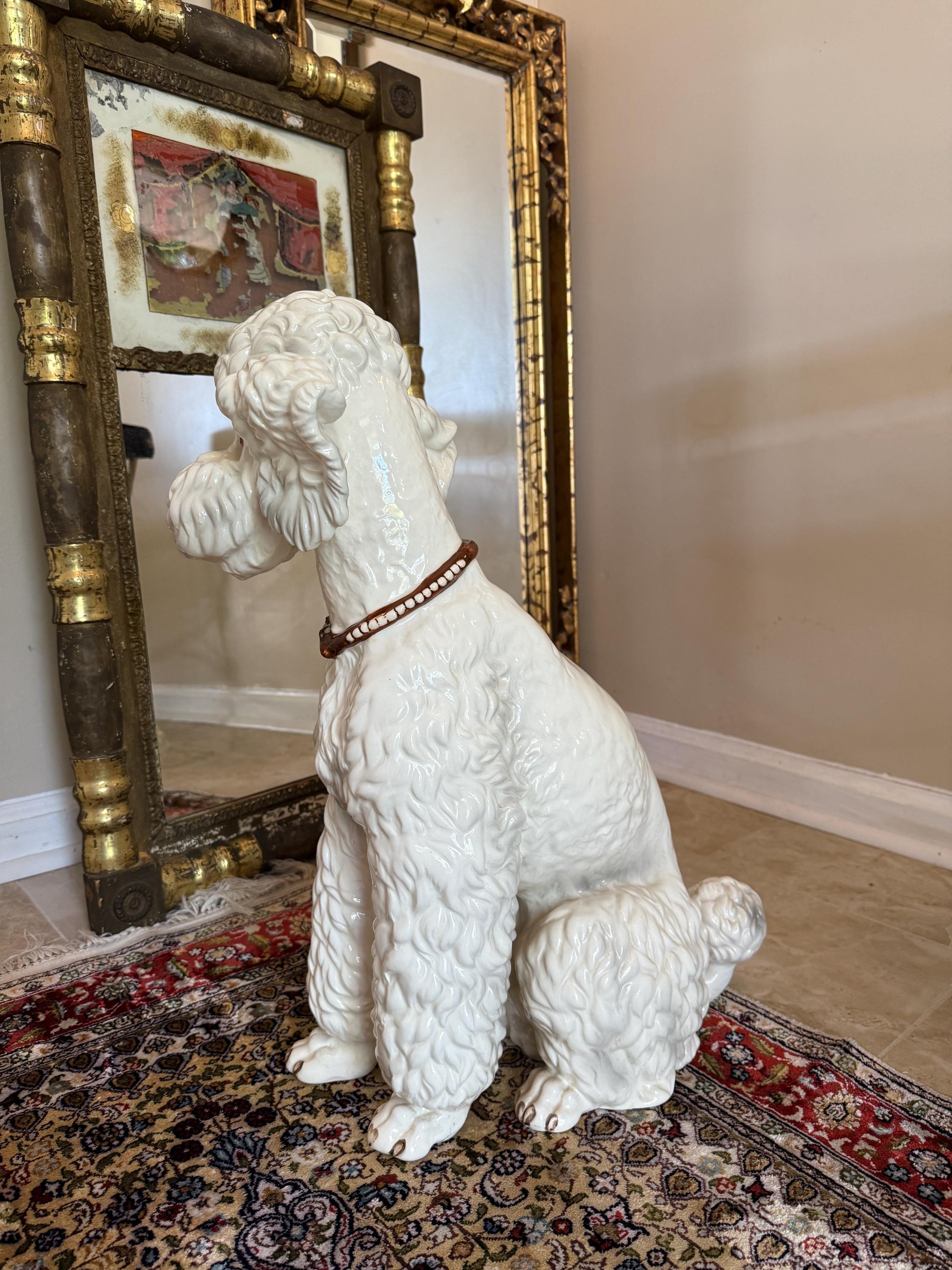 Vintage White Dog Statue Mid Century Hand Painted Ceramic J Schwart Signed Porcelain Poodle Dog Ceramic Statue with Brown Collar DFigurine