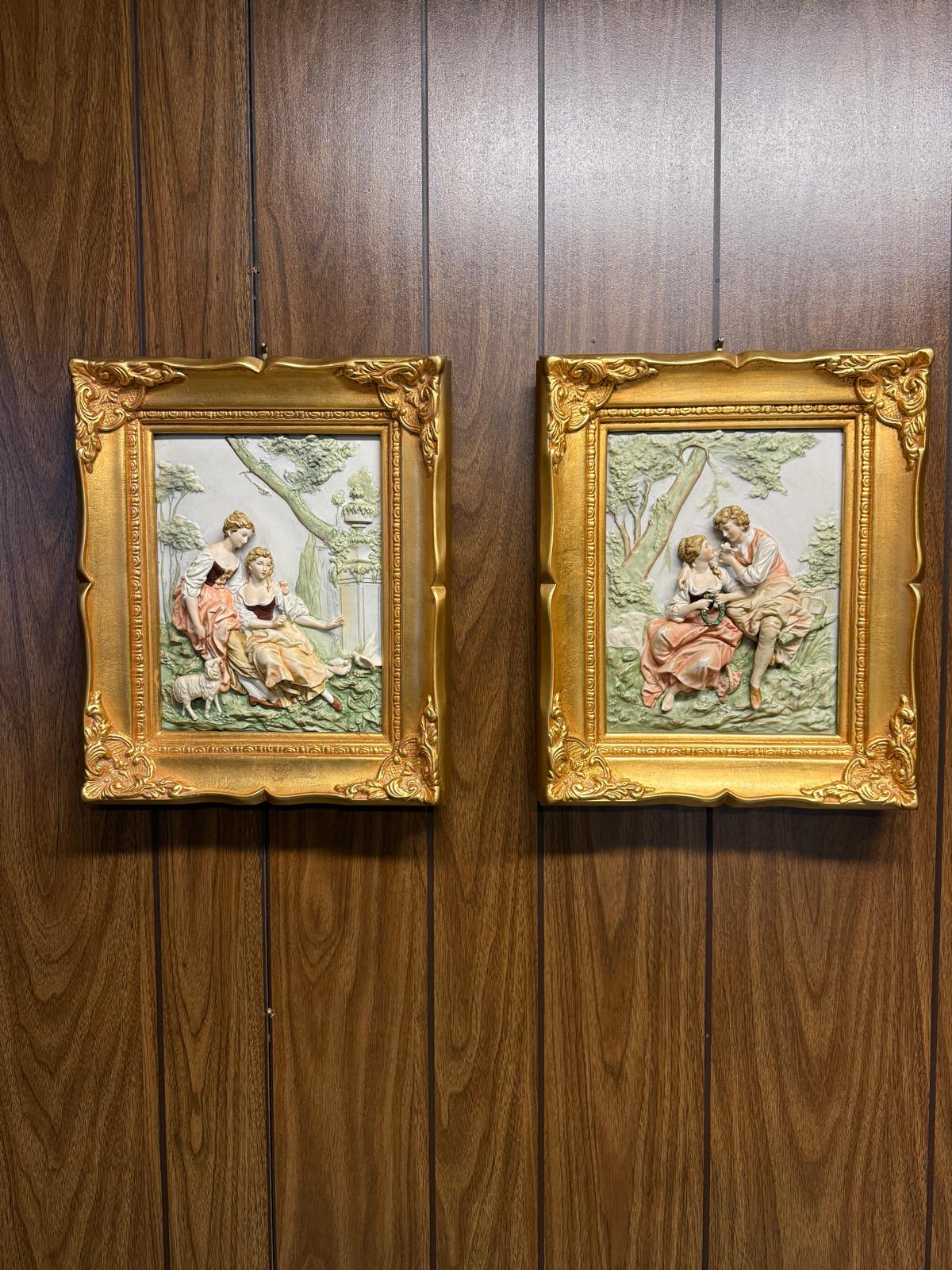 Pair of Vintage Gold Wood Ornate 3D Wall Art Romantic Couple Scenes Hand Painted Chalkware Panels Victorian Decoration Elegant Artworking