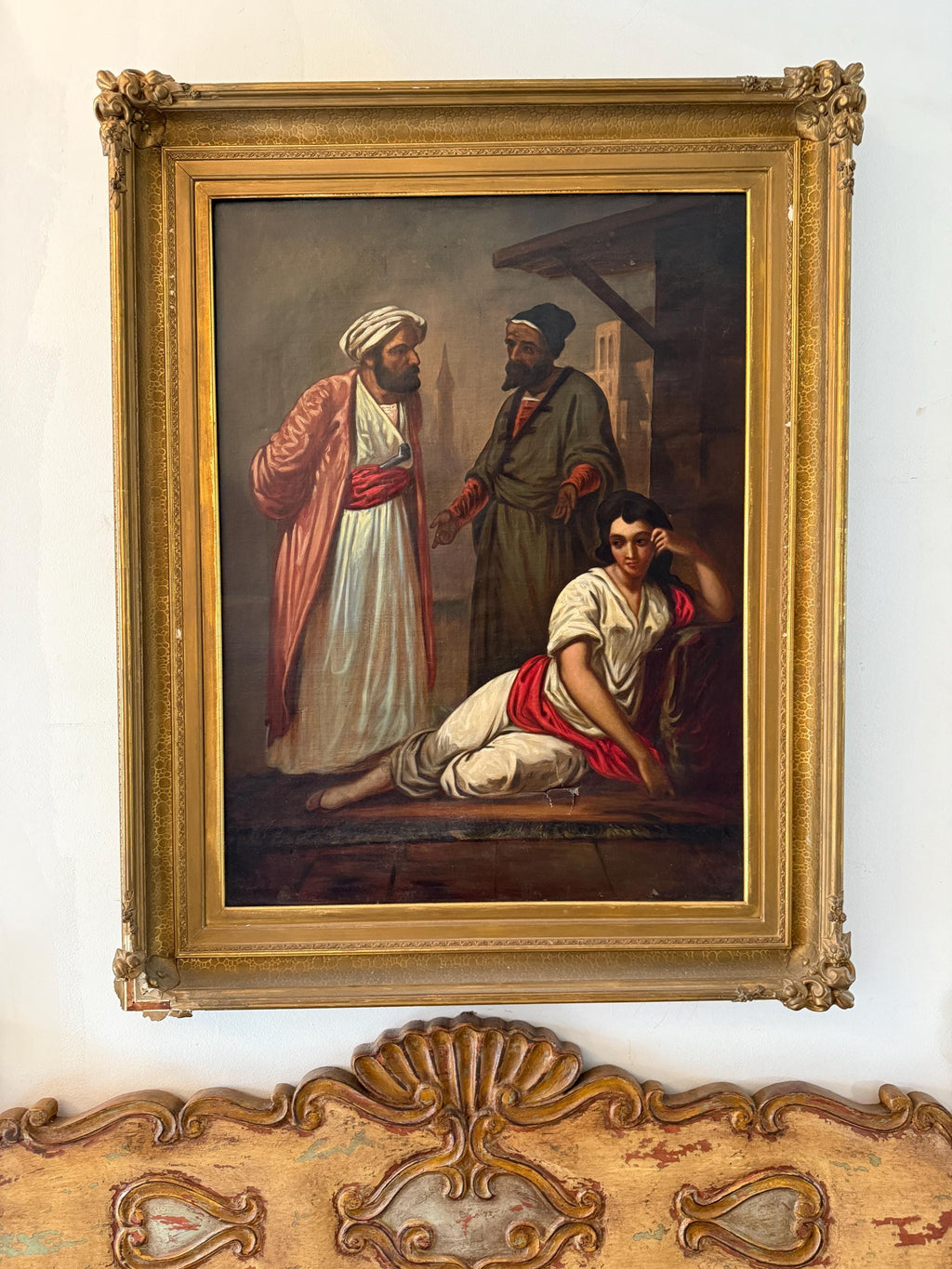 Antique Orientalist Oil Painting  Middle Eastern Scene with Figures Large Framed Original Artwork 19th Century Style Collectible Artwork