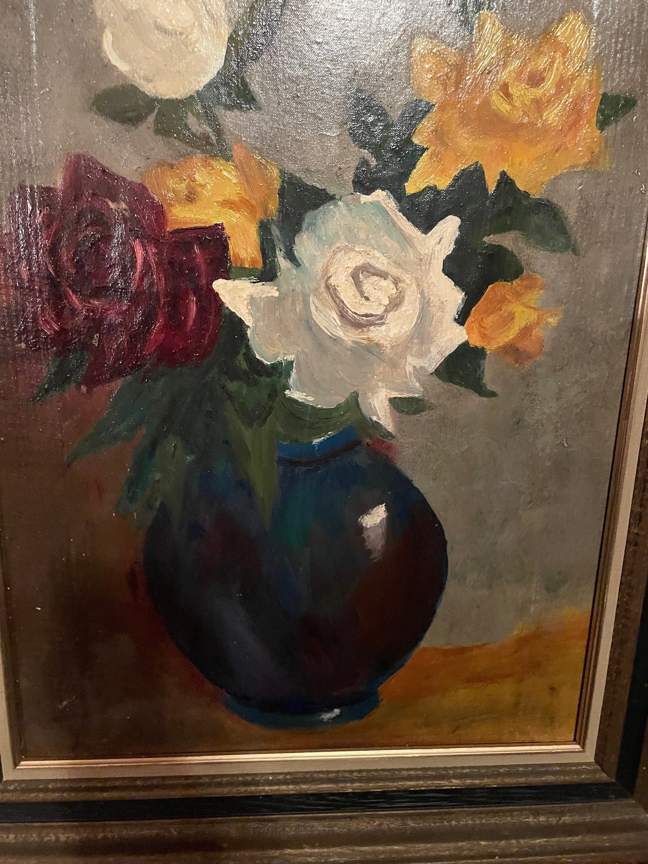 Vintage Floral Still Life Painting Textured Oil Artwork In Ornate Frame Featuring Red Yellow White Roses In Vase Bold Brushstrokes Charm