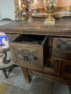 Antique Hand Carved Wood Chest Unique Rustic Floral Panel Design Ornate Storage Cabinet French Farmhouse Style Entryway Furniture Decor