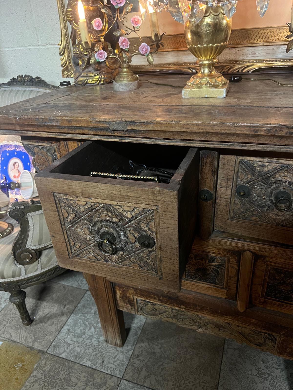 Antique Hand Carved Wood Chest Unique Rustic Floral Panel Design Ornate Storage Cabinet French Farmhouse Style Entryway Furniture Decor