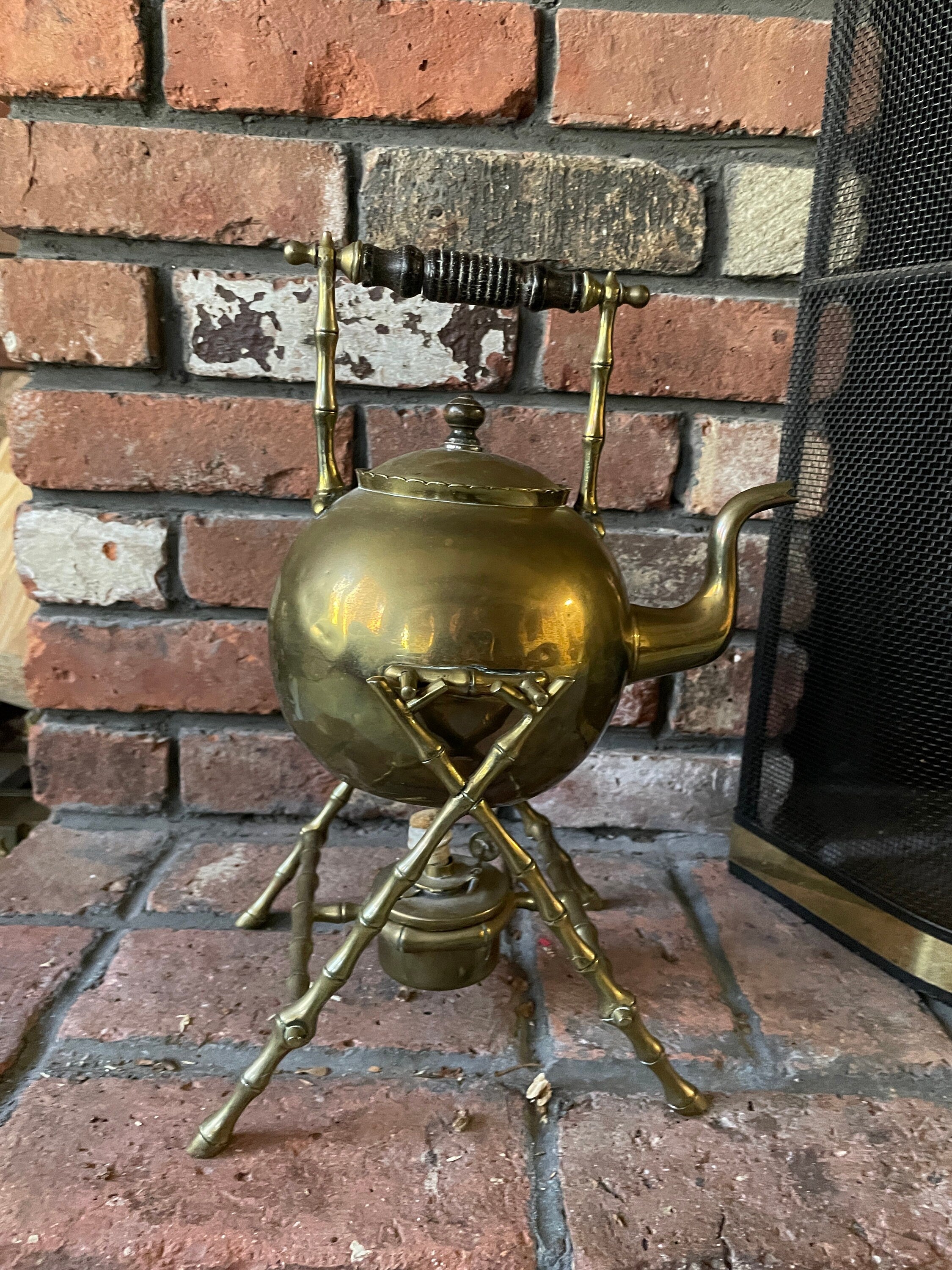 Vintage Brass Kettle On Bamboo Style Stand Unique Burner Teapot With Wooden Handle Mid Century Chafing Dish Decorative Display Piece Antique