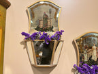 Vintage Italian Hand Painted Reverse Glass Wall Pockets, Gilt Trim Mirror Sconces