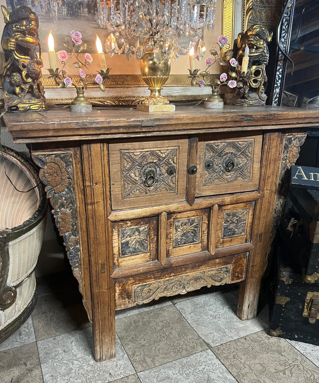 Antique Hand Carved Wood Chest Unique Rustic Floral Panel Design Ornate Storage Cabinet French Farmhouse Style Entryway Furniture Decor