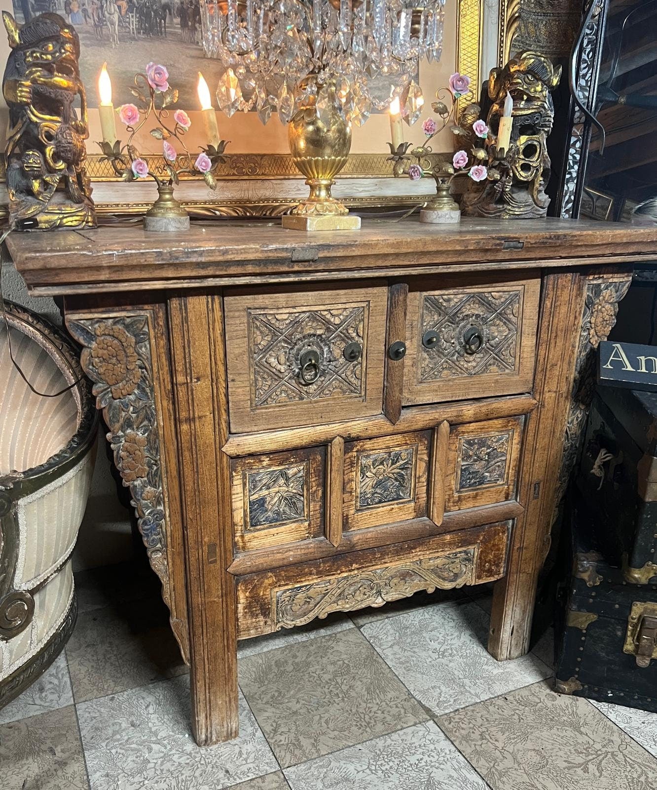 Antique Hand Carved Wood Chest Unique Rustic Floral Panel Design Ornate Storage Cabinet French Farmhouse Style Entryway Furniture Decor