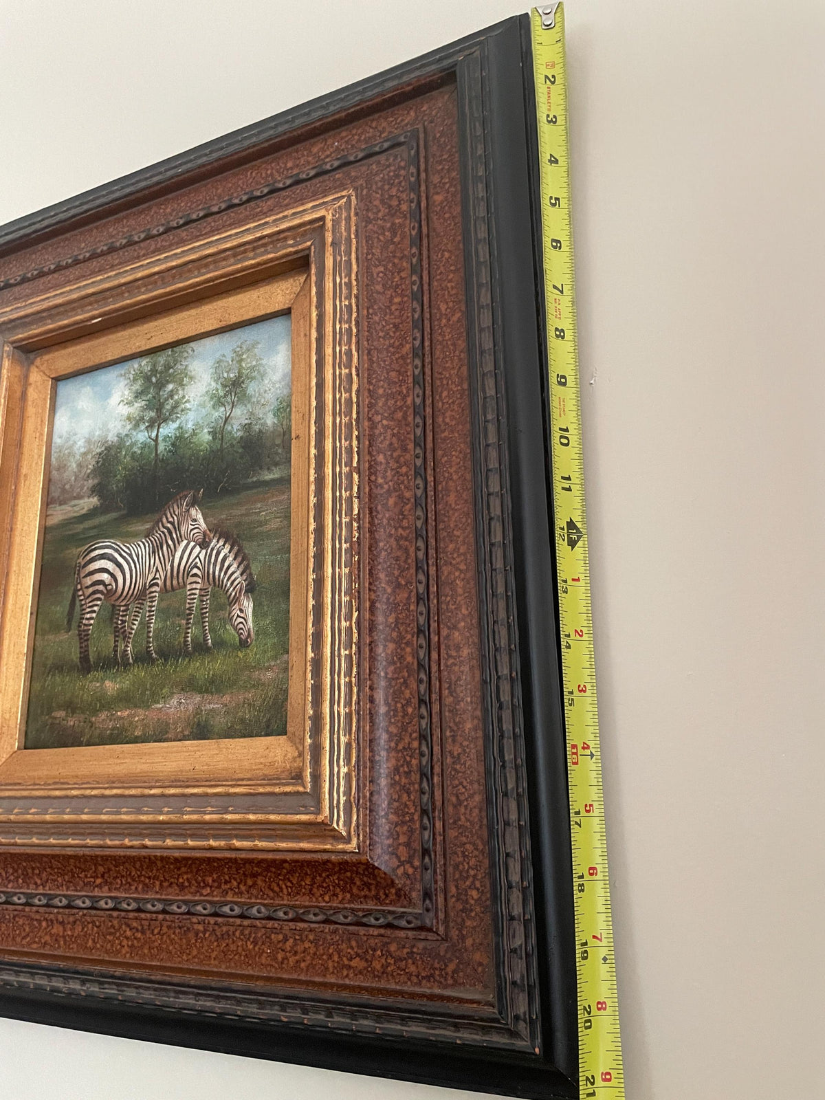 Vintage Matching Hand-Painted Vase Framed Oil Painting Set Zebra Art Wildlife Vase Set Same Artist Wall Art Wood Frame Floral Animal Motifs