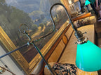 Antique Brass Floor Lamp, Emerald Green Glass Shade, Art Nouveau Library Lamp