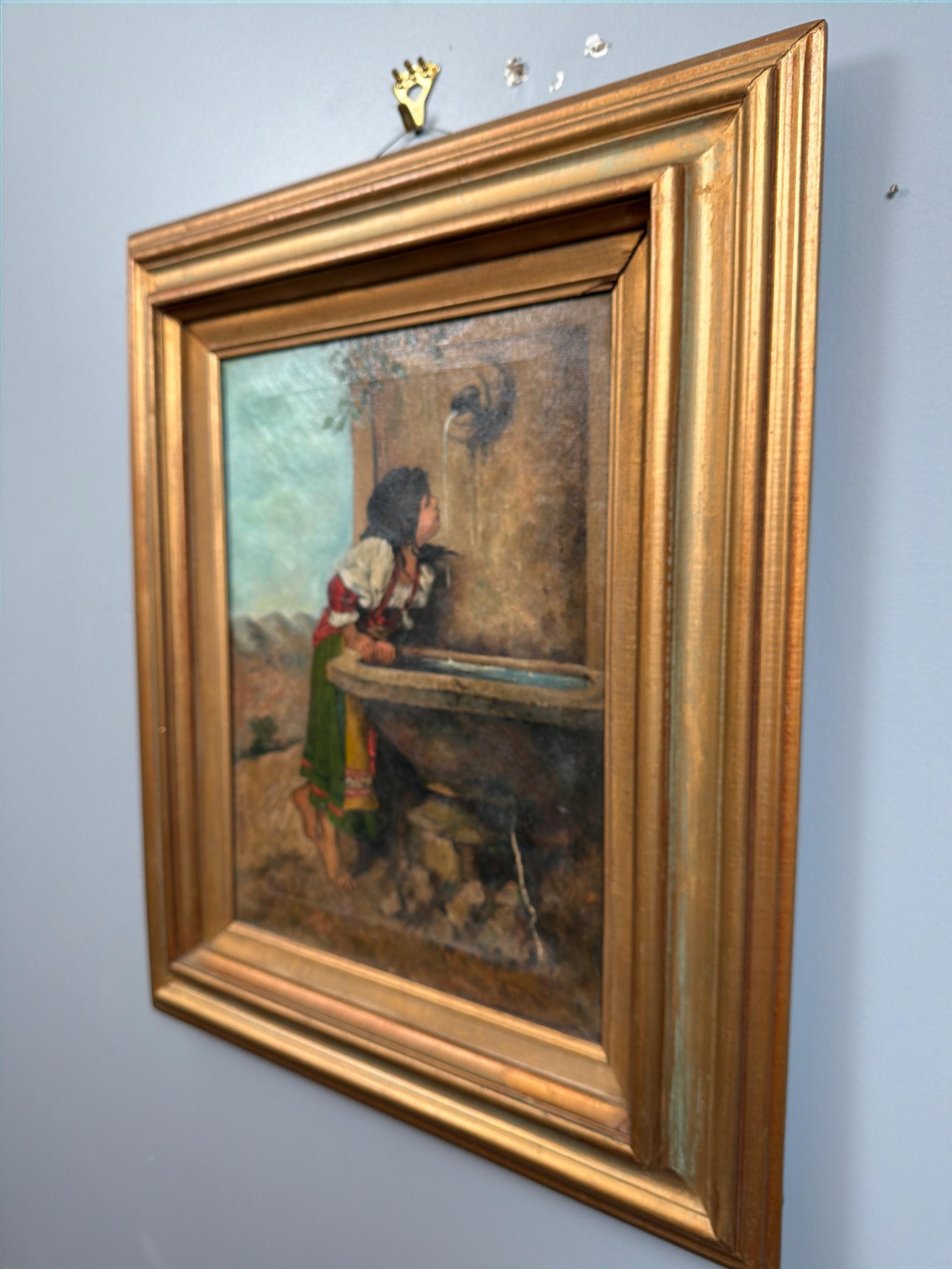 Antique European Oil Painting Girl at Fountain Signed Oil on Canvas Gilt Frame Late 19th Century