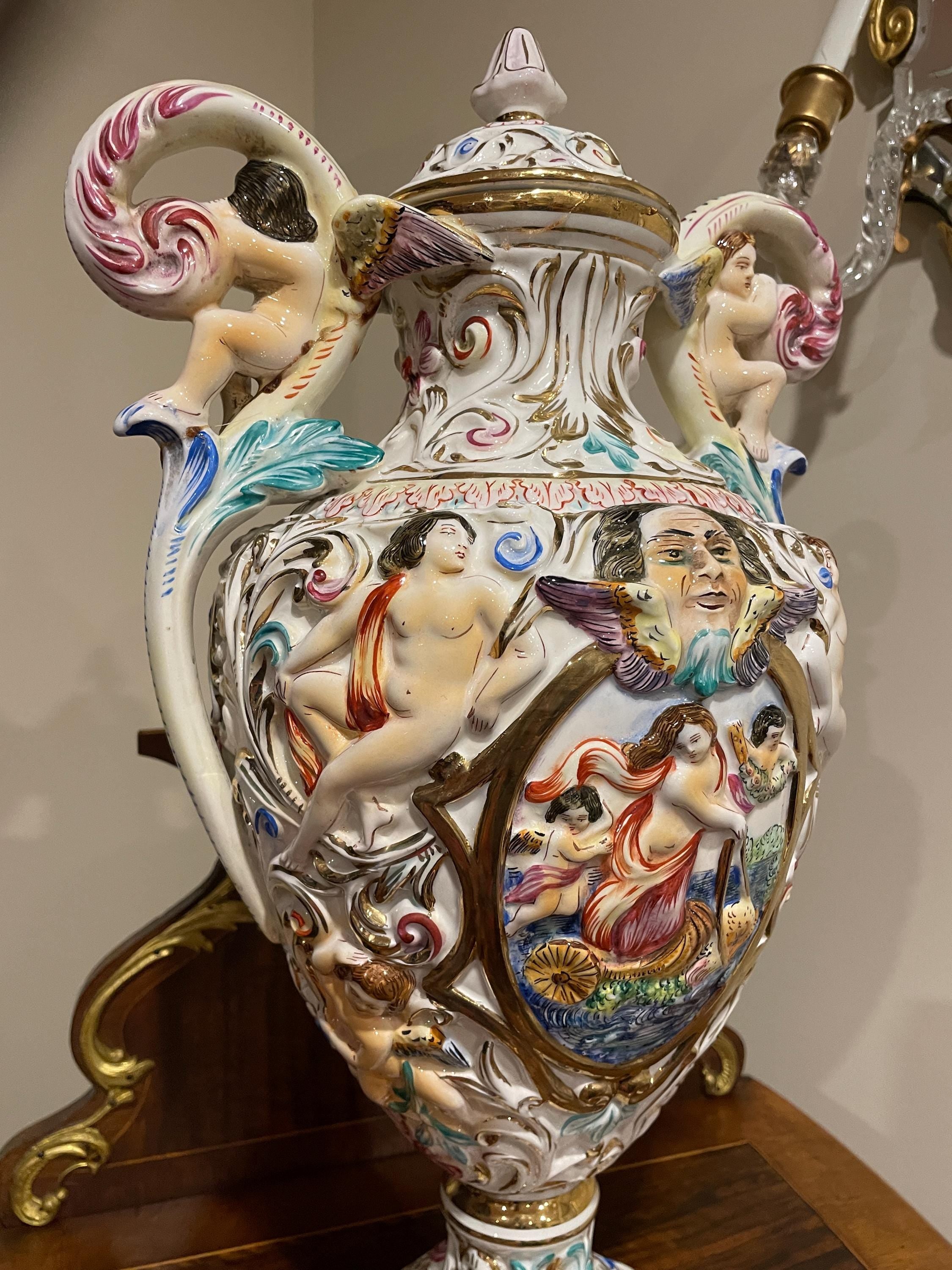 Hand Painted Italian Capodimonte Urn Rococo Cherub Nude Relief Mythological Decoration Baroque Porcelain Centerpiece Collectible Masterpiece