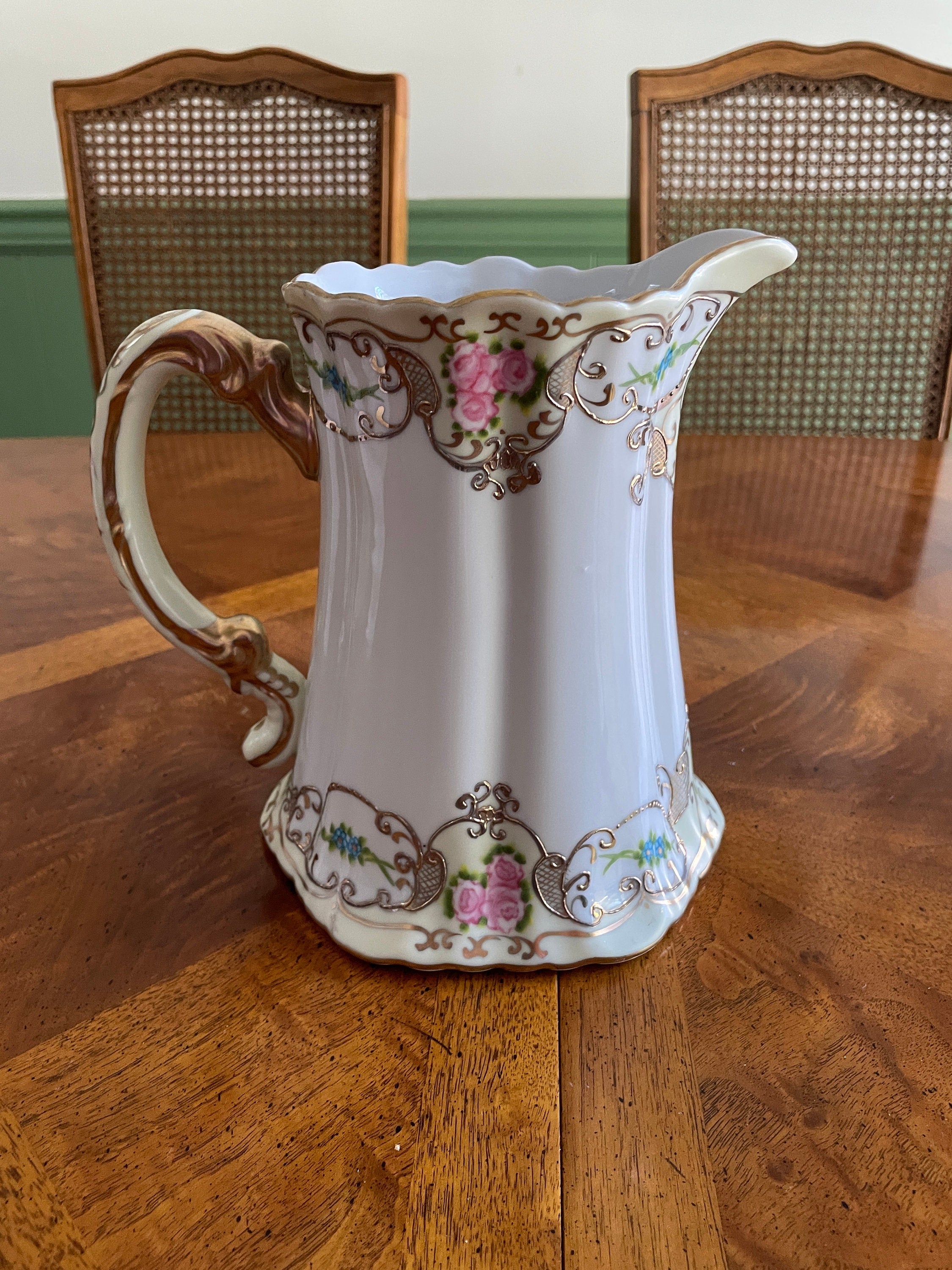 Antique Victorian Floral Hand Painted Porcelain  Pitcher Gold Gilt