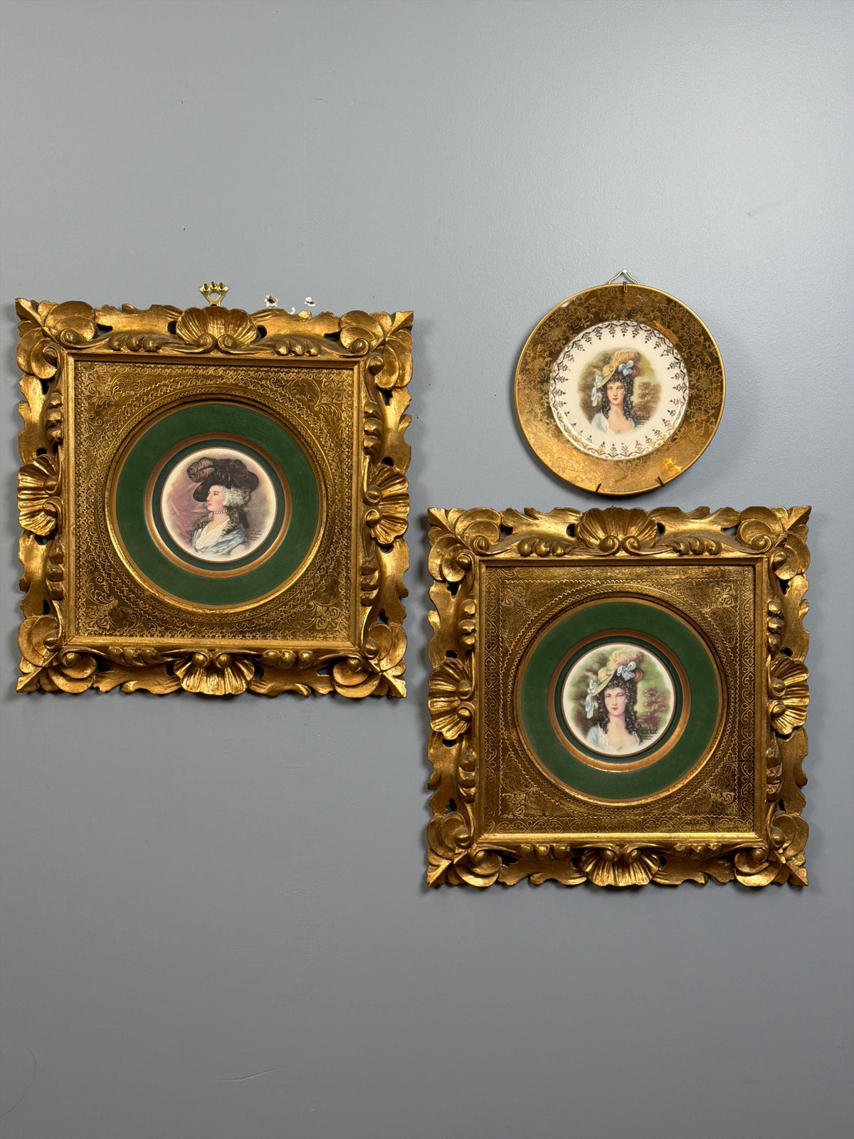 Vintage Gilt Framed Porcelain Portrait Plates Set of 3, Rococo Victorian Lady Wall Decor