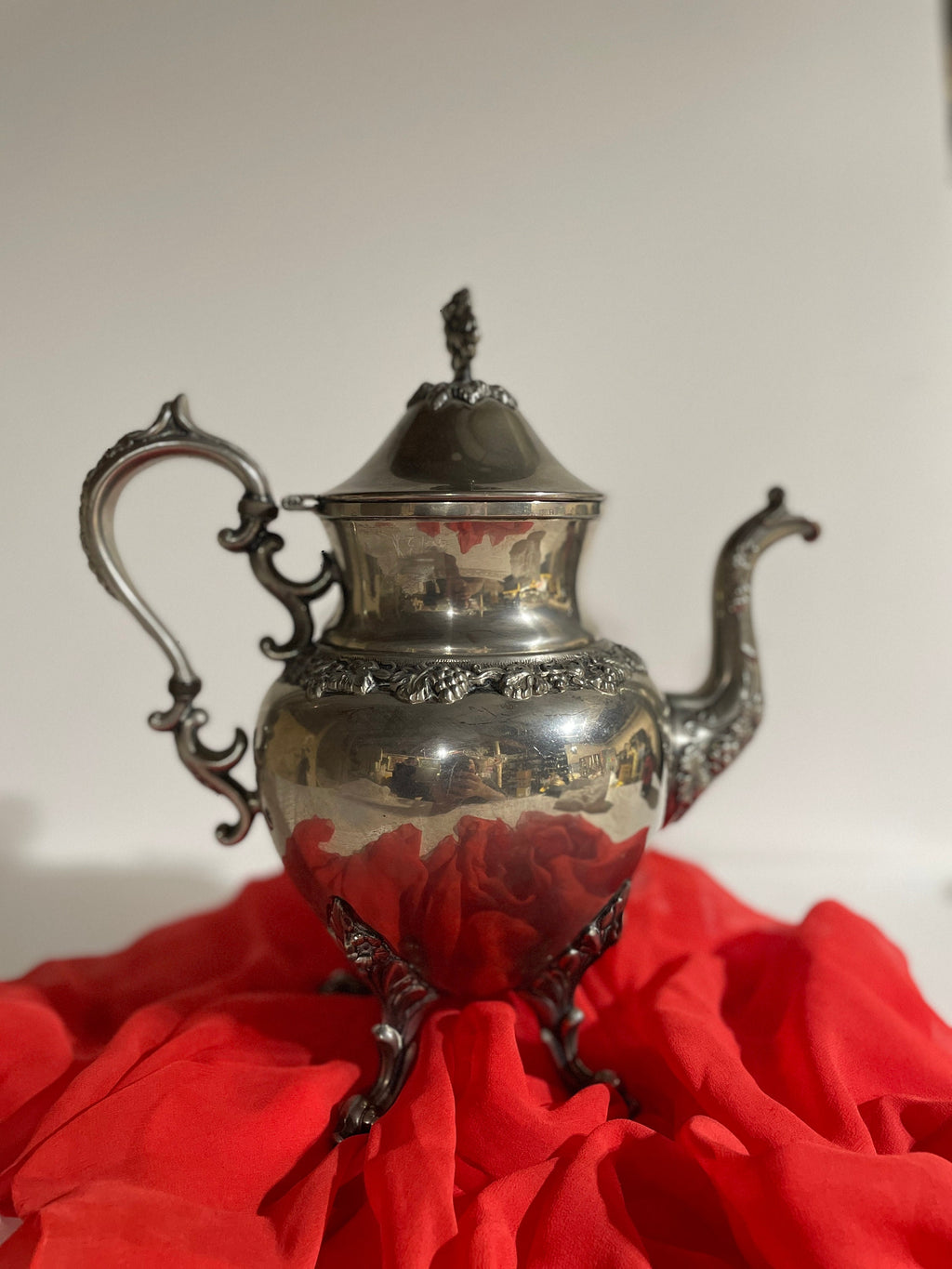 Vintage Silver Plated Copper Tea and Coffee Pot Set with Sugar Pot grapes leaves